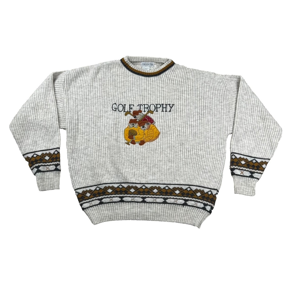 Vintage Collectif Sweater Mens L Golf Embroidered Dogs Wool Blend Grandpa 90s